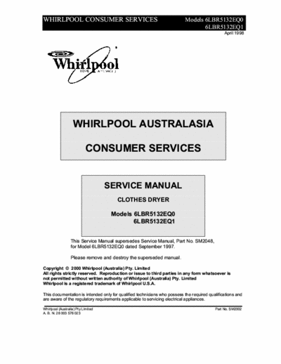 whirlpool 6LBR5132EQO & EQ1 whirlpool 6LBR5132EQO & EQ1 service manual